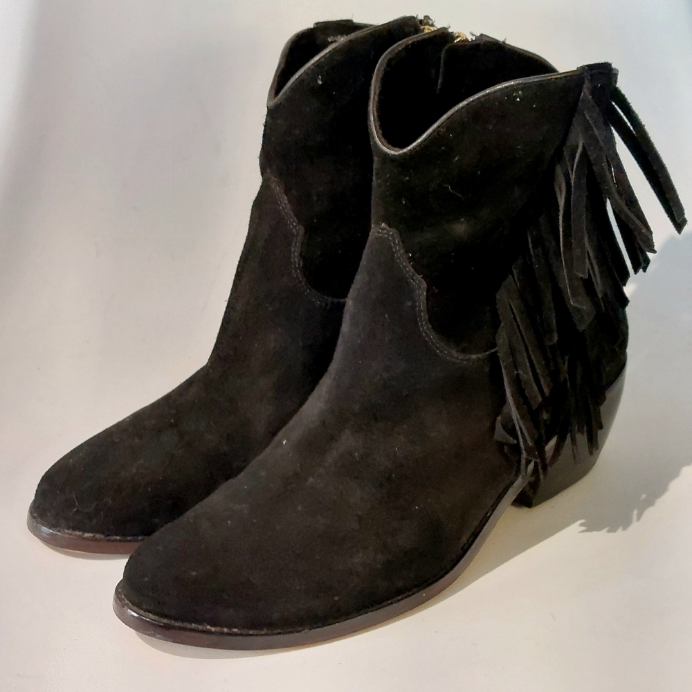 Vince Camuto black suede Celia fringed Western boot, sz 10, EUC